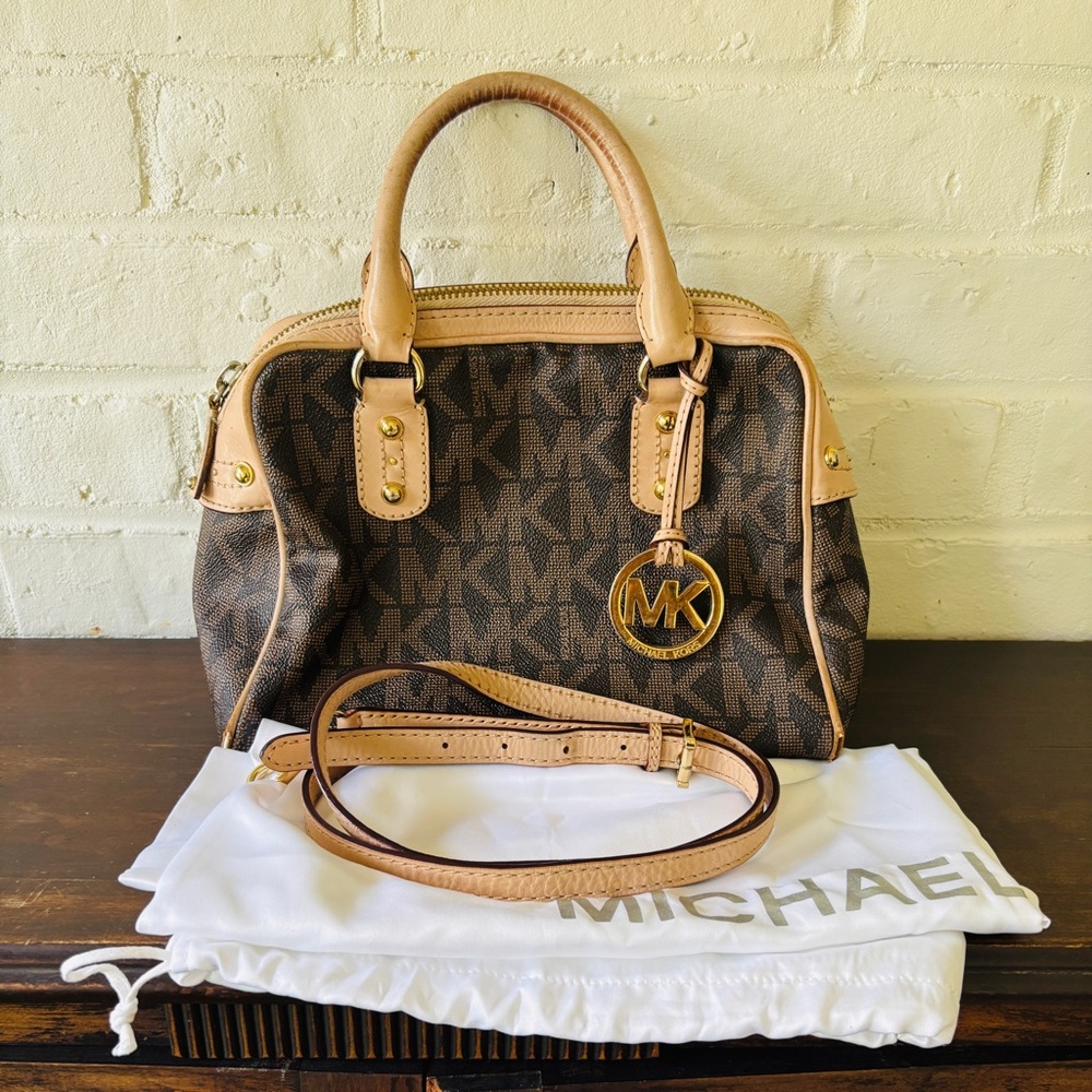 Michael Kors Brown and Tan Satchel with Signature Monogram